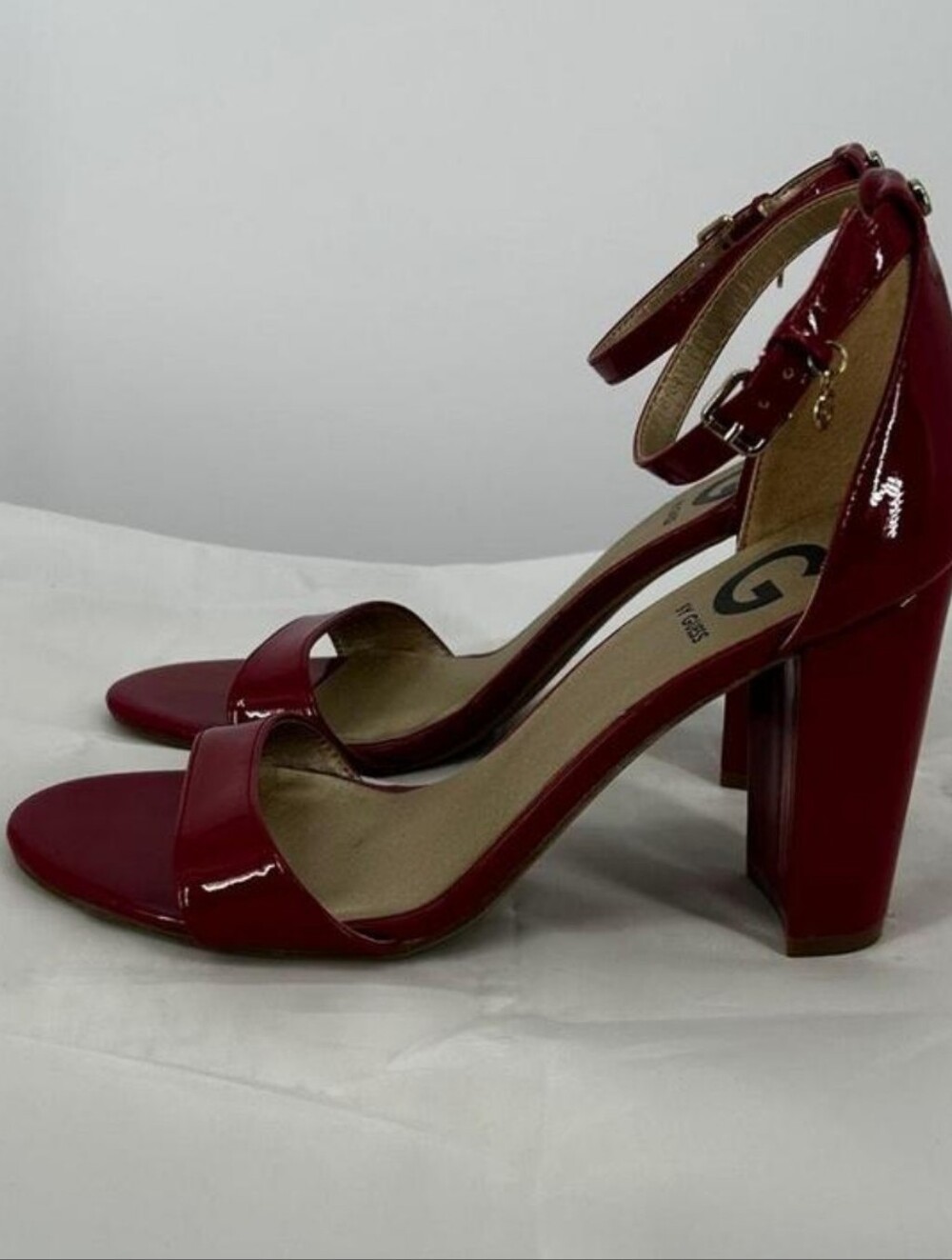 G by GUESS Burgundy Patent Ankle Strap Block Heels